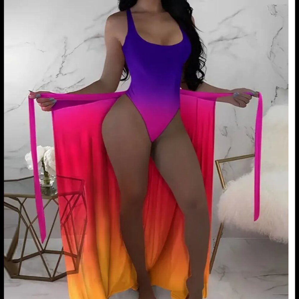 Ombre electric swimsuit with coverup skirt